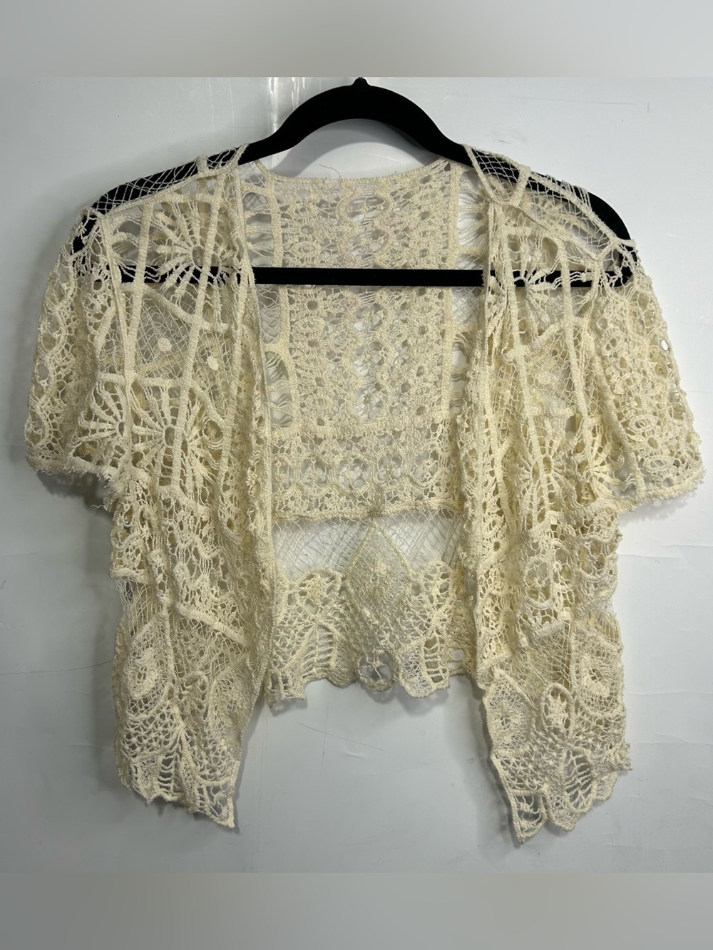 Cream Lace Crochet Open Front Cardigan One Size